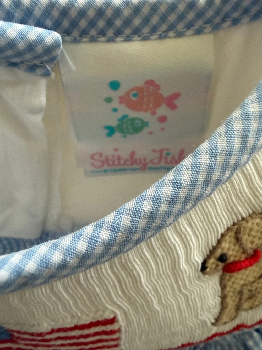 Sticky Fish USA Flag Smocked Blue Gingham Bubble Rompers Set - Size 9 months
